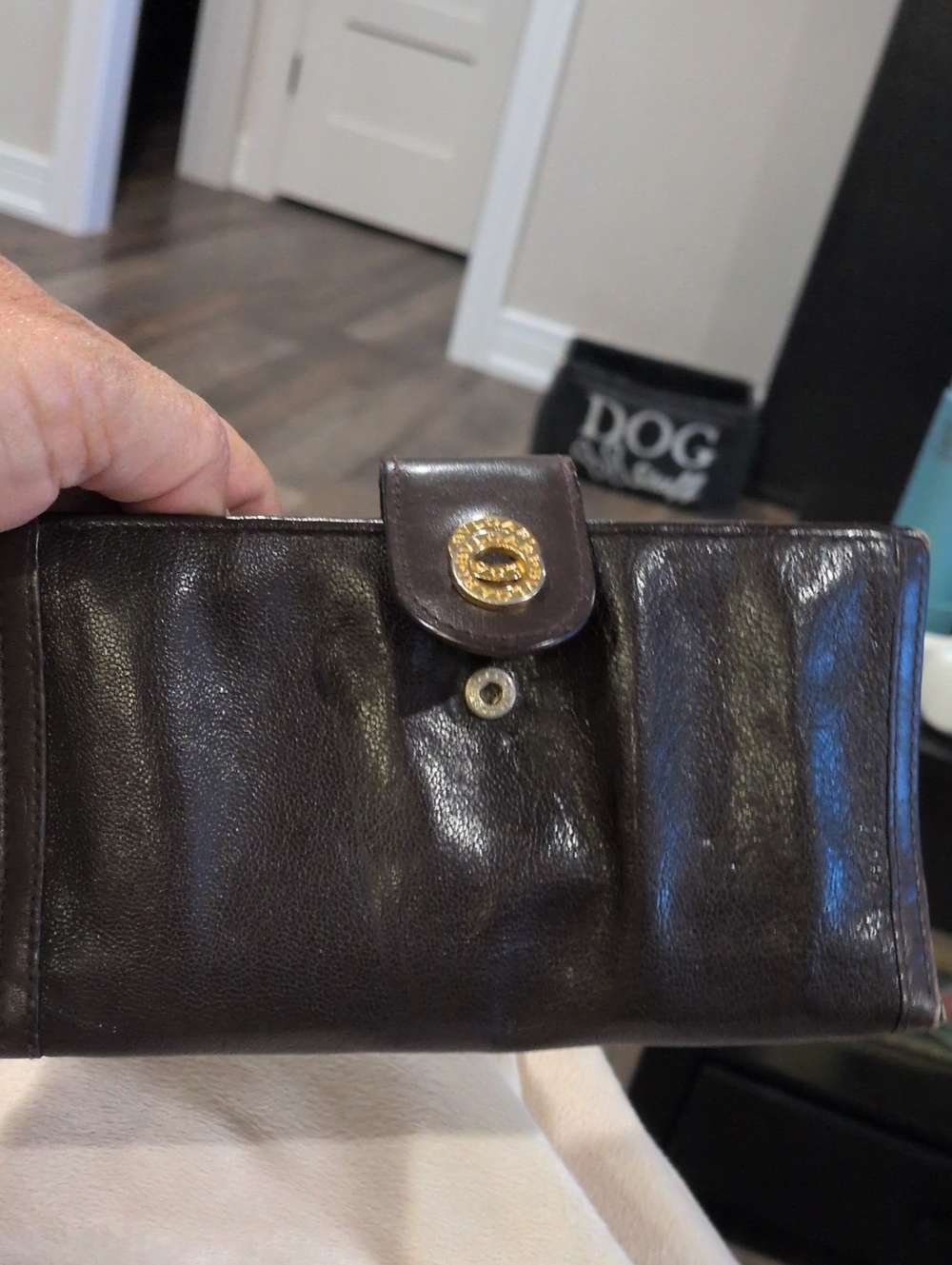 Bulgari Dark Brown Leather Wallet with Gold-Tone Hardware
